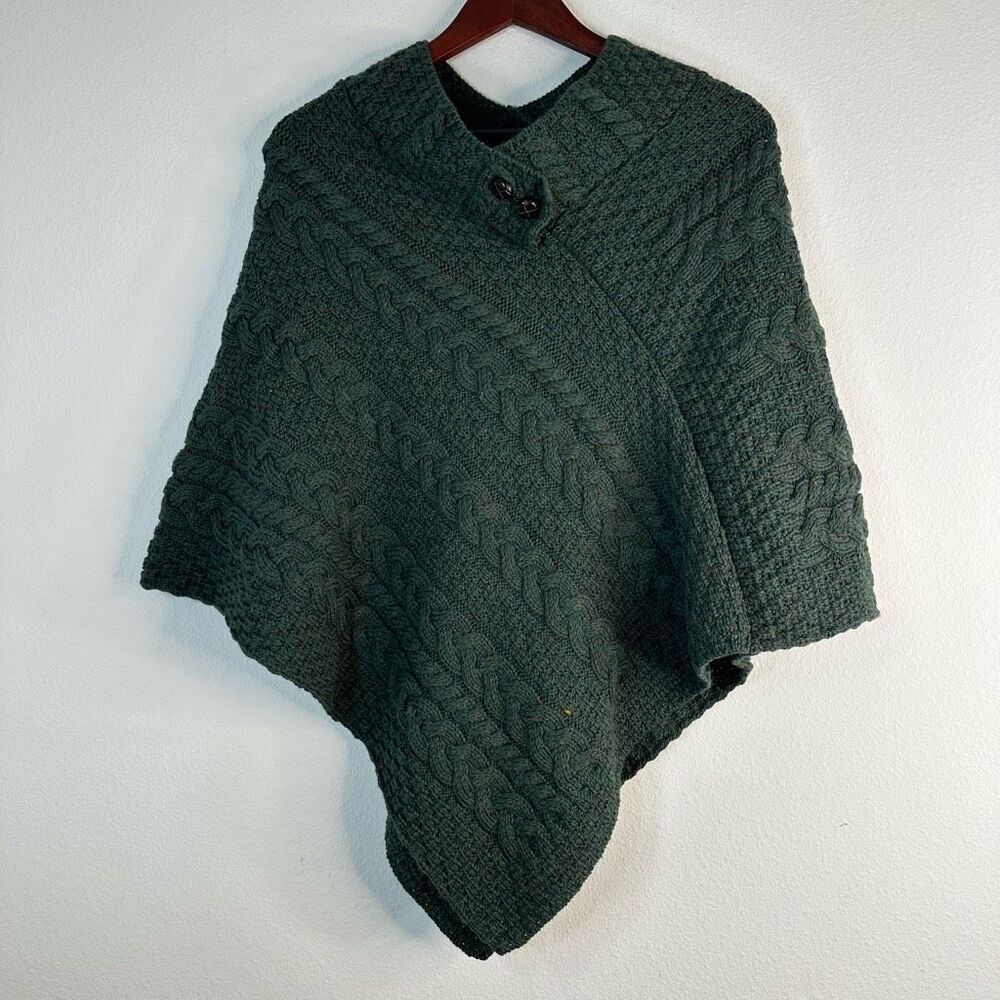Aran Woollen Mills Green Cable Knit Poncho Sweater Irish Merino Wool One Size‎